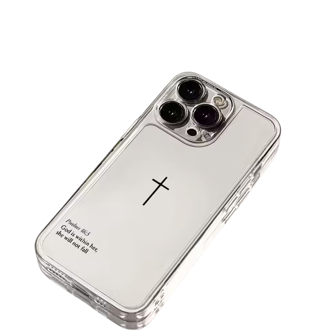 Clear Cross iPhone Case – Psalm 46:5 “God is within her” (iPhone 13 / 12 / 12 Pro / 11 / XR)